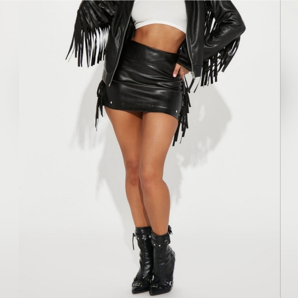 Fashion Nova Cool Rider Black Faux Leather Mini Skirt Fringe + Studs NWT XL